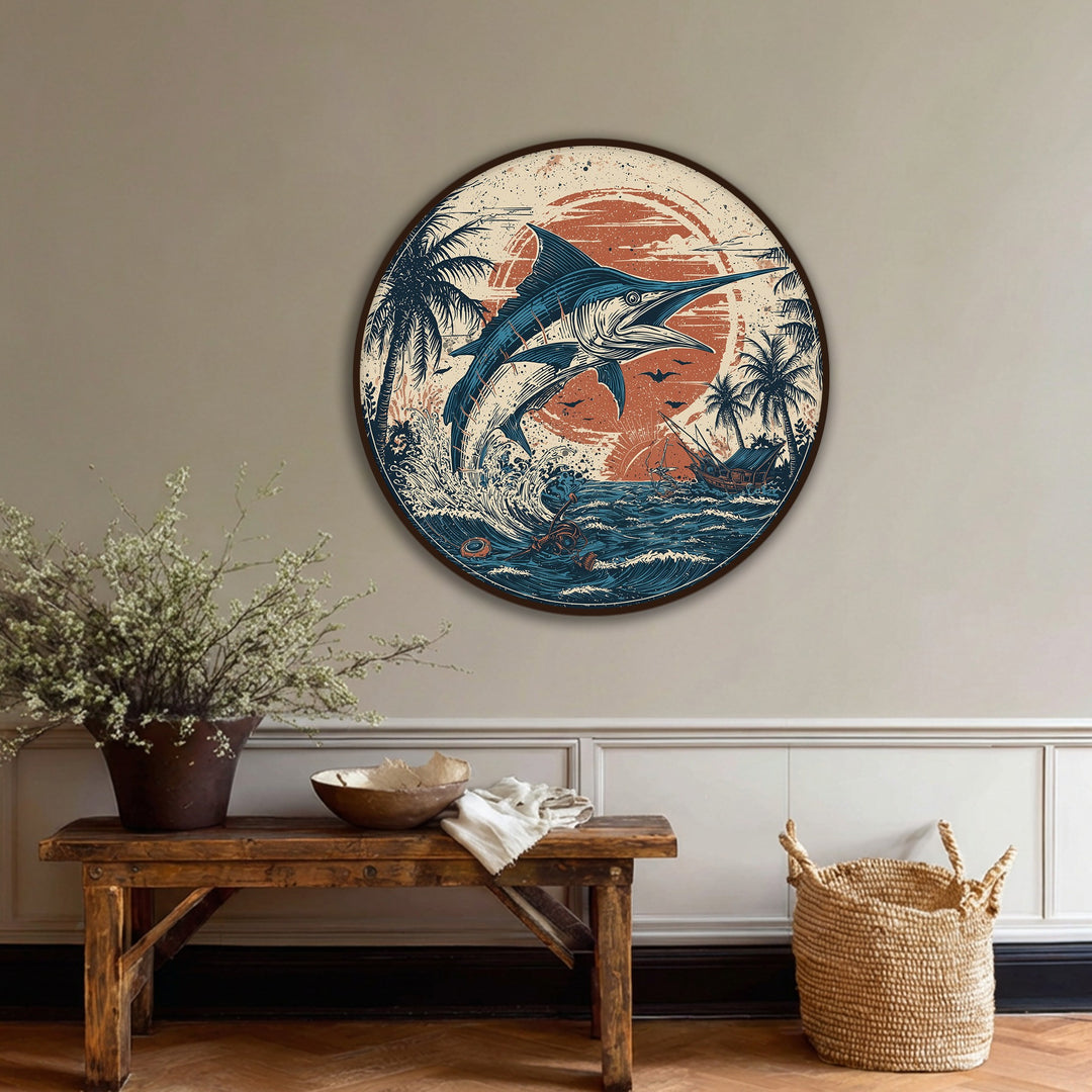 Featuring the geometric elements, this round canvas print showcases a high quality canvas prints of a vintage marlin ocean scene with a retro sunset in coastal wall art.