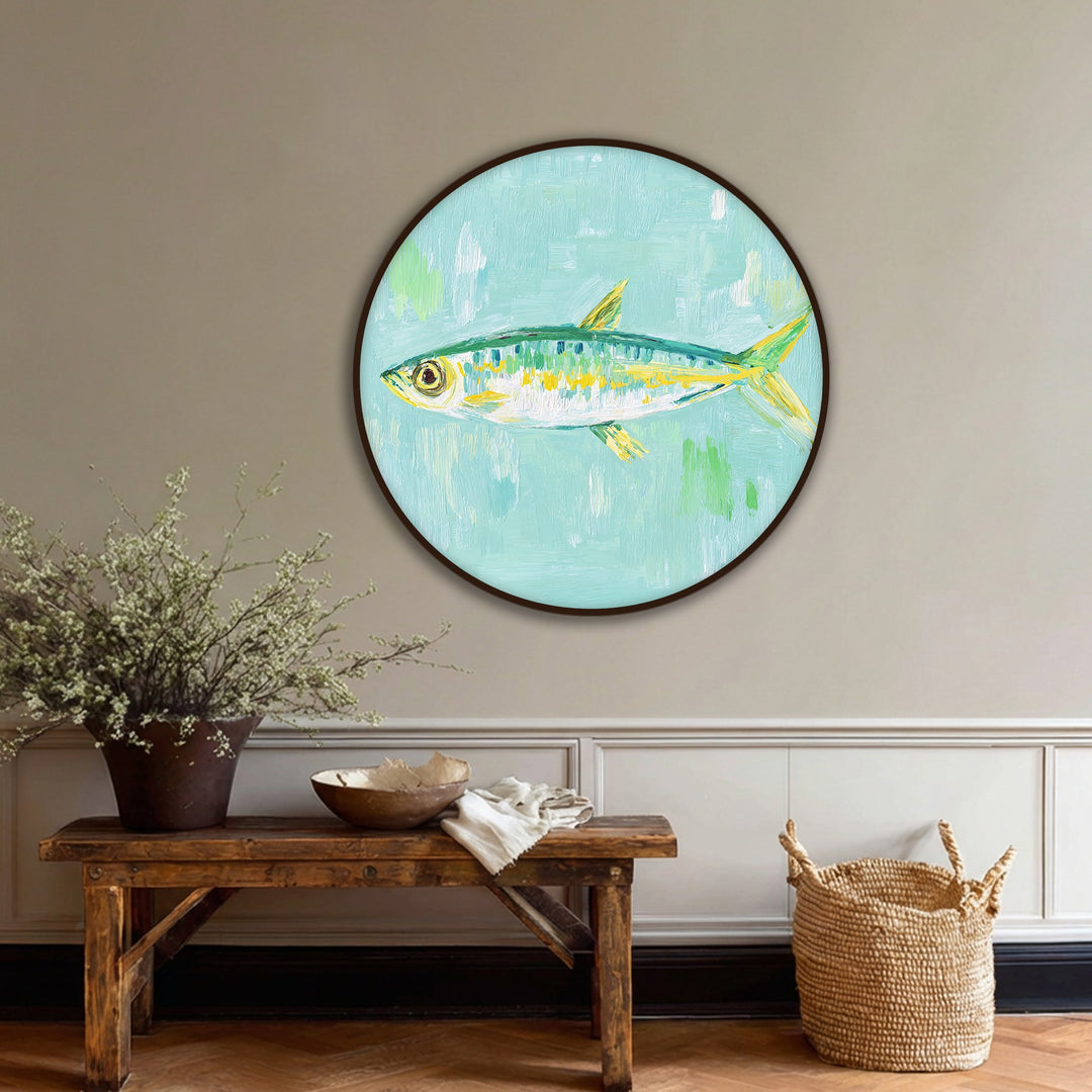 Painted in a light turquoise, the background of this round canvas print makes for one of the best canvas prints, complementing the pastel fish swimming across the scene.
