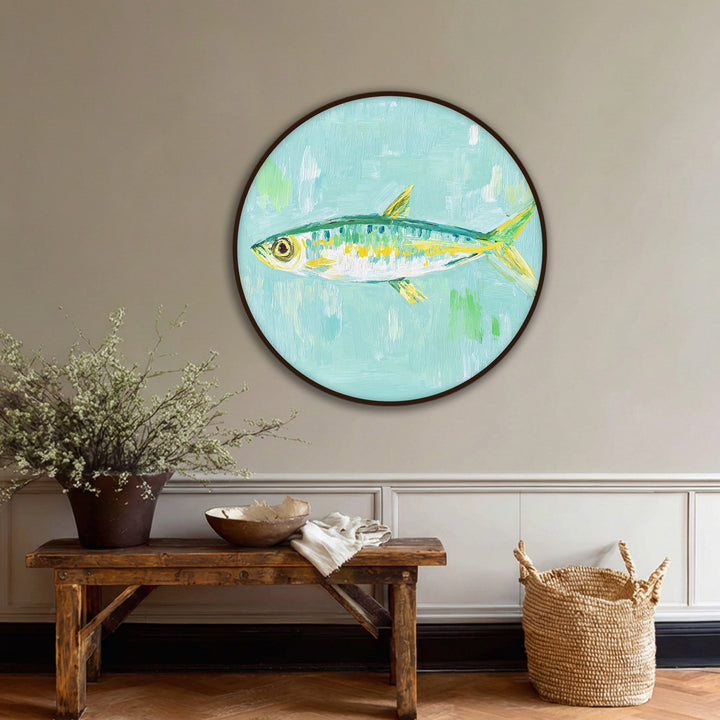 Painted in a light turquoise, the background of this round canvas print makes for one of the best canvas prints, complementing the pastel fish swimming across the scene.