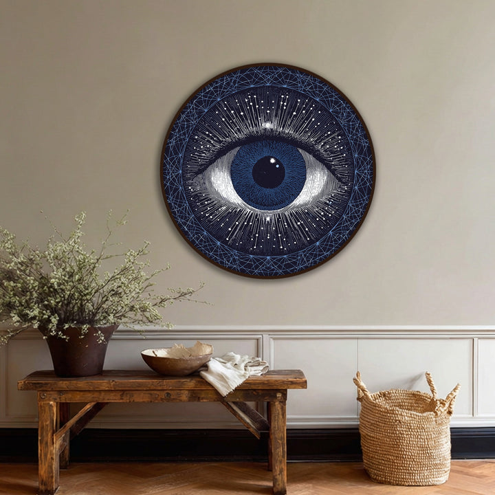 Centered cosmic eye vision round canvas painting draws you in with its abstract celestial design and galaxy-inspired details as the primary focal point.