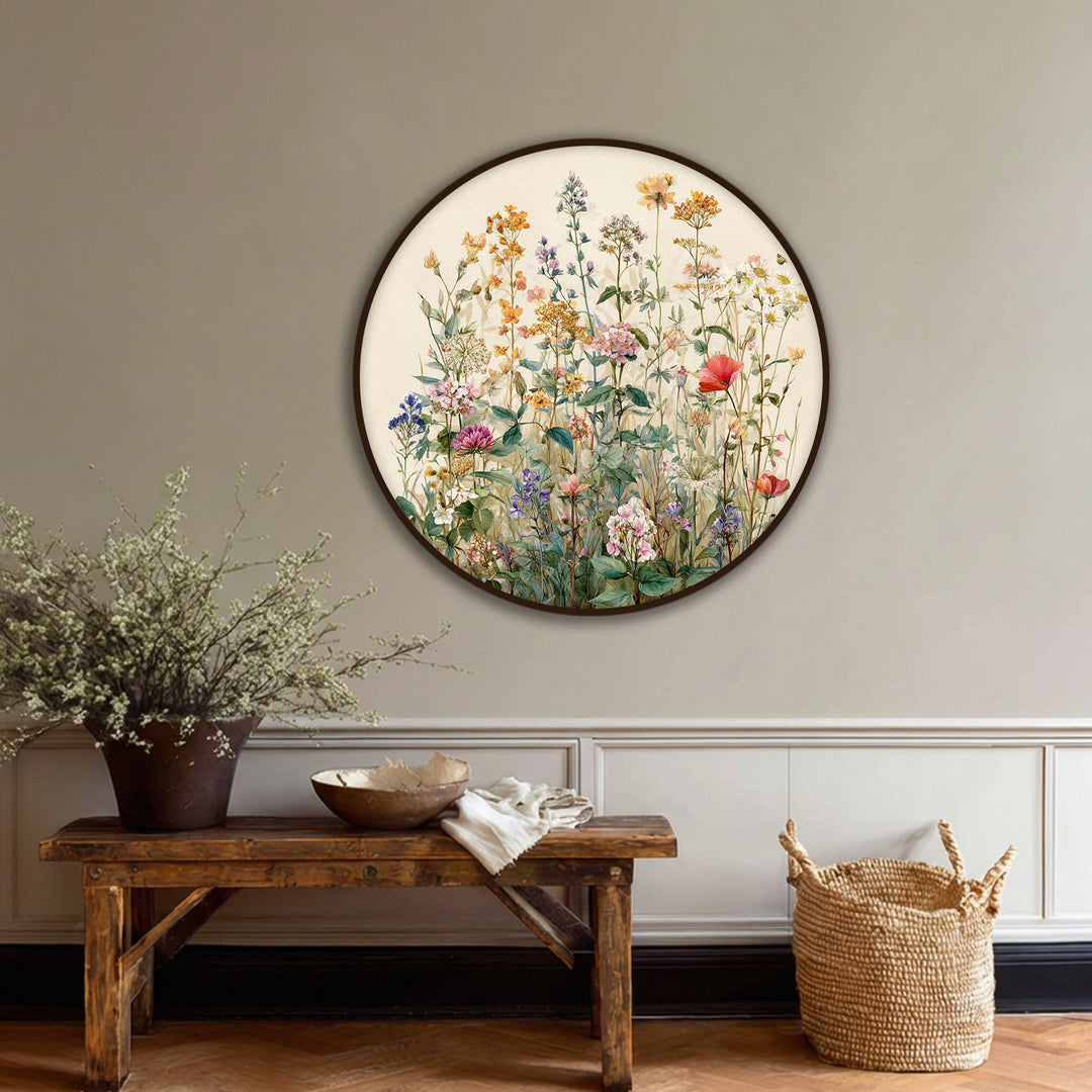The focal point of this hanging canvas shows a round wildflower meadow canvas print, offering soft botanical wall art that brings a touch of nature indoors.