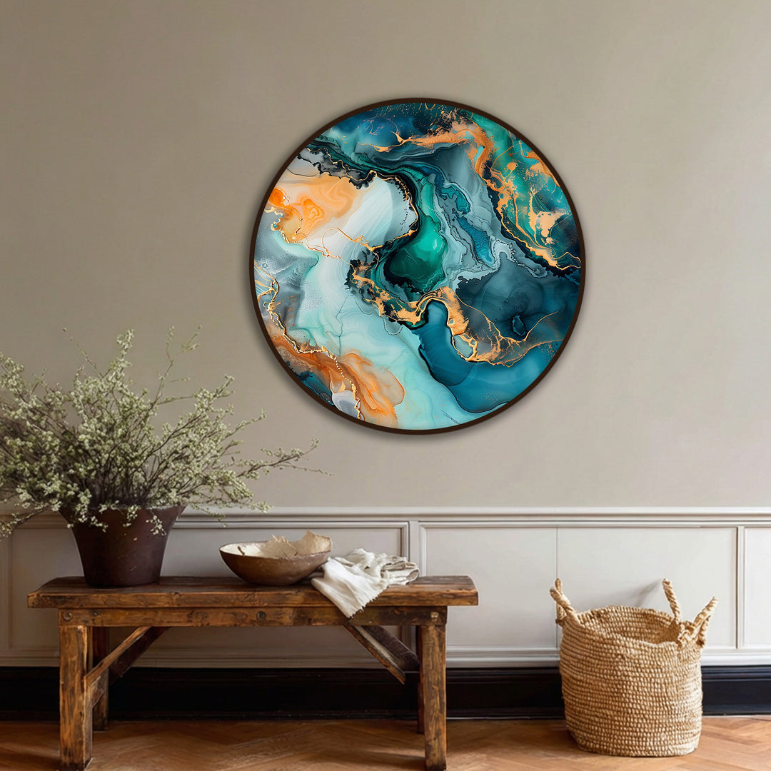 Encircling the emerald flow abstract round canvas print, the brown border highlights the best canvas prints, framing the teal and gold modern wall art.