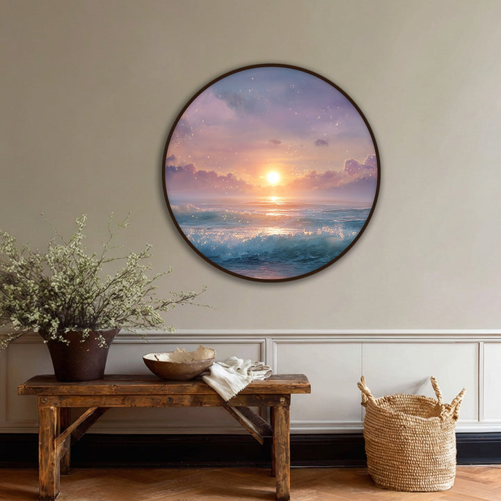 Showcasing the layering effect, this round canvas wall art depicts a dreamlike sunset sparkle over the ocean, creating depth in the magical seascape.