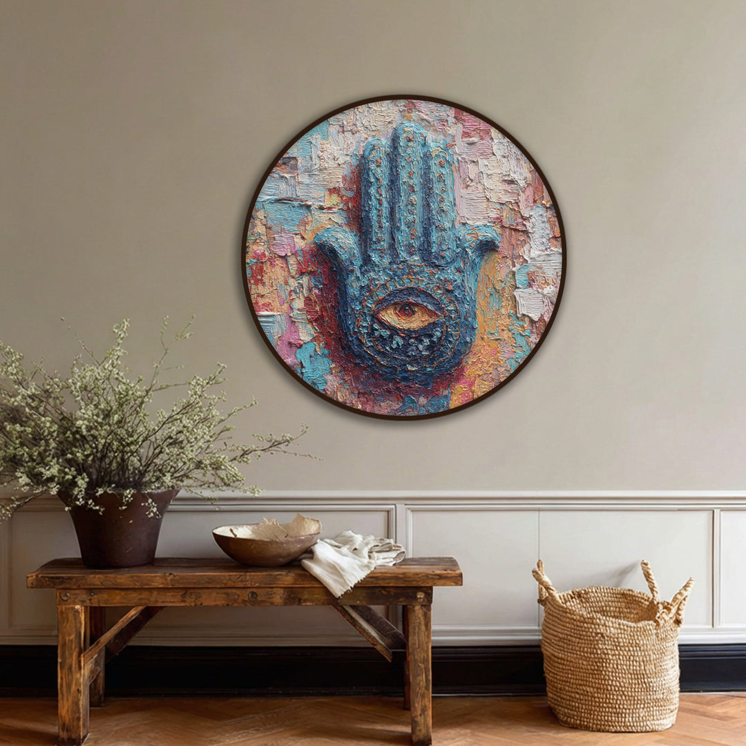 The colorful, textural Hamsa hand is the focal point of this mystic eye design, a distinctive canvas artwork showcased as spiritual round wall art.