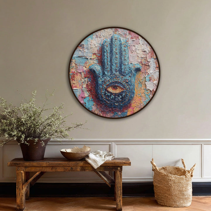 The colorful, textural Hamsa hand is the focal point of this mystic eye design, a distinctive canvas artwork showcased as spiritual round wall art.