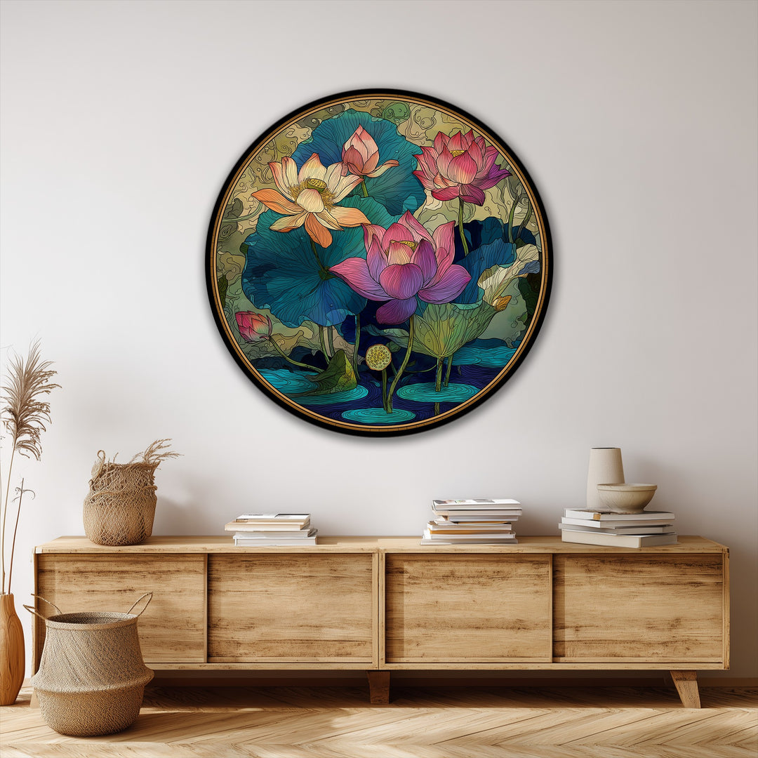 Textured surface reveals the ornamental lotus garden in vibrant detail on this round canvas art prints, a decorative floral wall art piece.