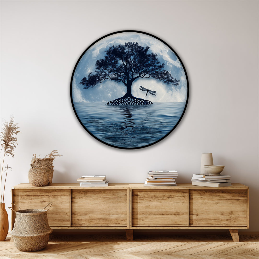 Moonlit Tree Reflection Round Canvas Print – Serene Night Landscape Wall Art