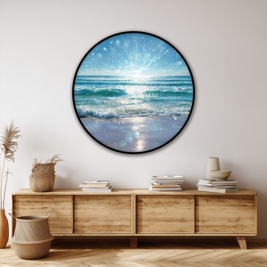 Radiant Ocean Light Burst Round Canvas Print – Sparkling Seaside Wall Art