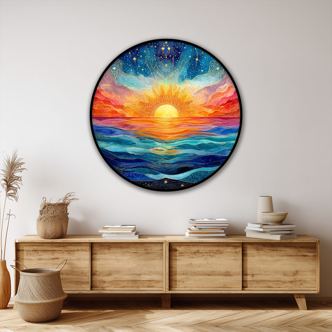 Sunrise Over Ocean Round Canvas Print – Vibrant Spiritual Seascape Wall Art