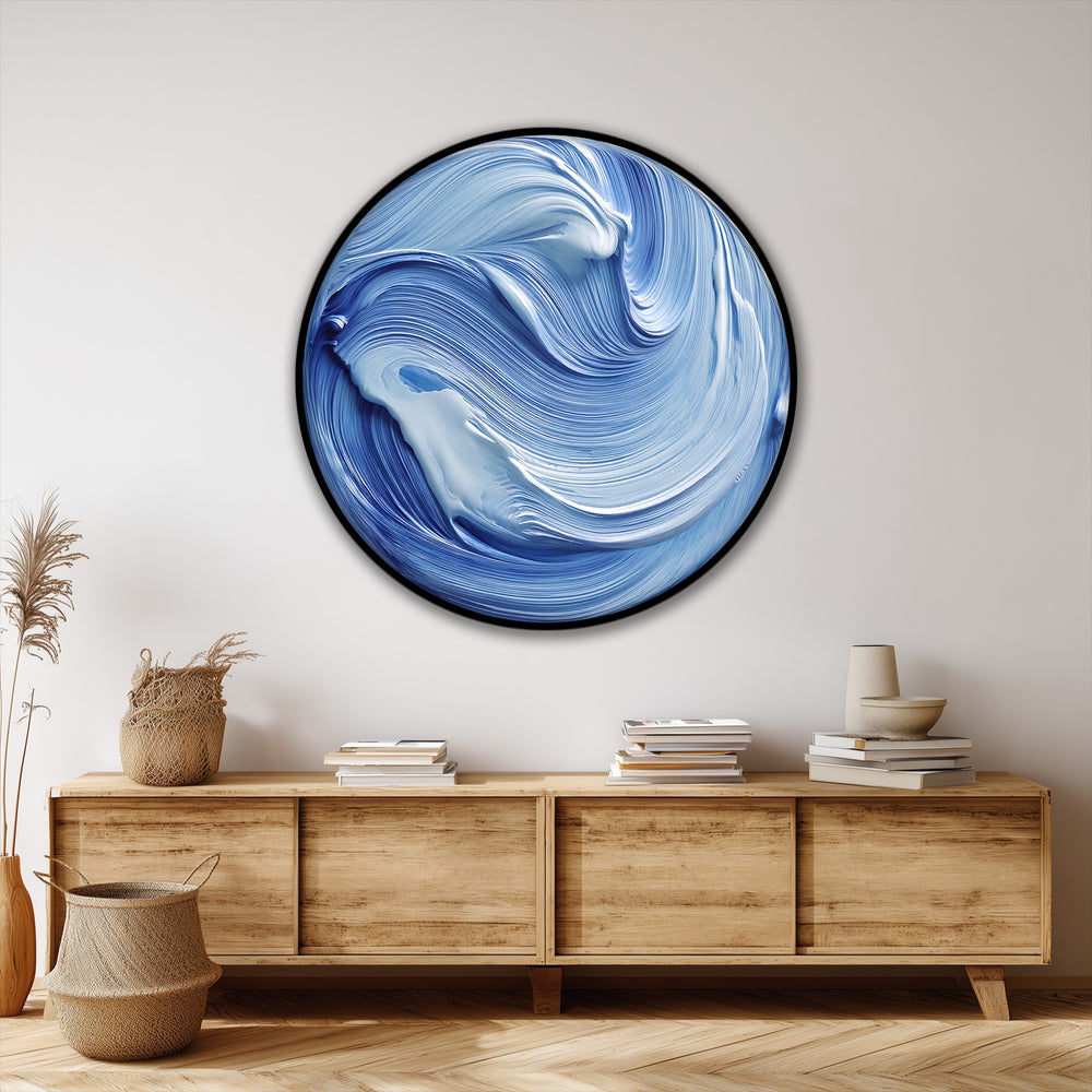 Negative space highlights the contrasting blank area surrounding the swirling ocean flow abstract, showcasing a dynamic wave design in blue modern canvas art prints.