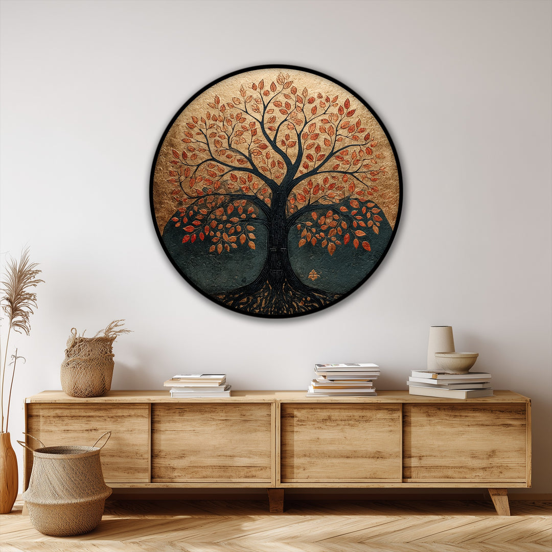 Swirling, autumnal leaves give a sense of movement in this round Tree of Life unique canvas print, perfect for adding rustic nature wall art to your space.