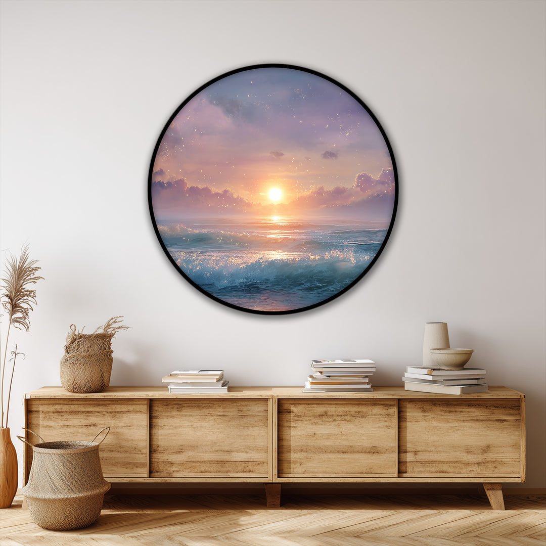 Illuminated by the sun, the canvas wall decor showcases a dreamlike sunset and ocean waves in a round canvas print, creating a magical seascape.