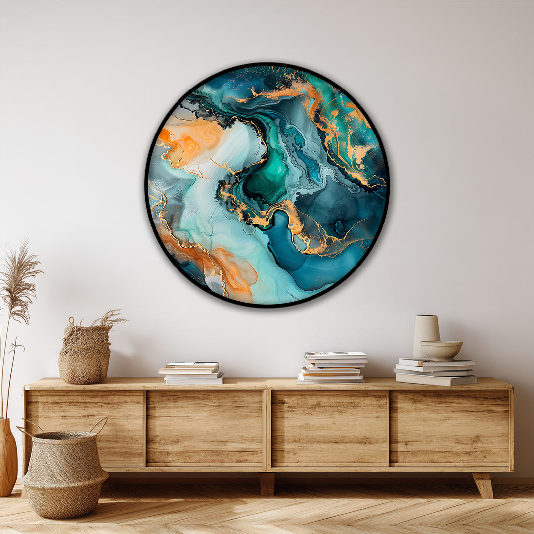 Emerald Flow Abstract Round Canvas Print – Teal & Gold Modern Wall Art