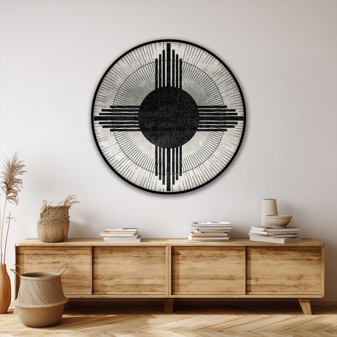 Toile abstraite moderne géométrique à motif de soleil circulaire–Art mural minimaliste