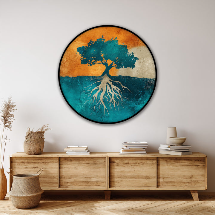 Textured surface showcasing the abstract nature's canvas wall art print with a tree and roots silhouette, highlighting the canvas's unique tactile quality.