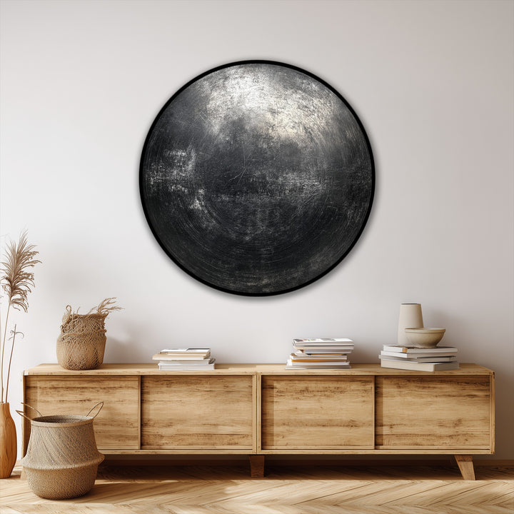 Minimal color saturation defines this black textured abstract circle canvas print, offering one of the best canvas prints for adding a modern industrial touch.