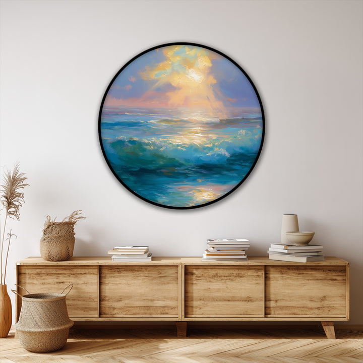 Behind the golden light over turquoise waves canvas print, the neutral wall space emphasizes the unique canvas print, offering a serene backdrop.