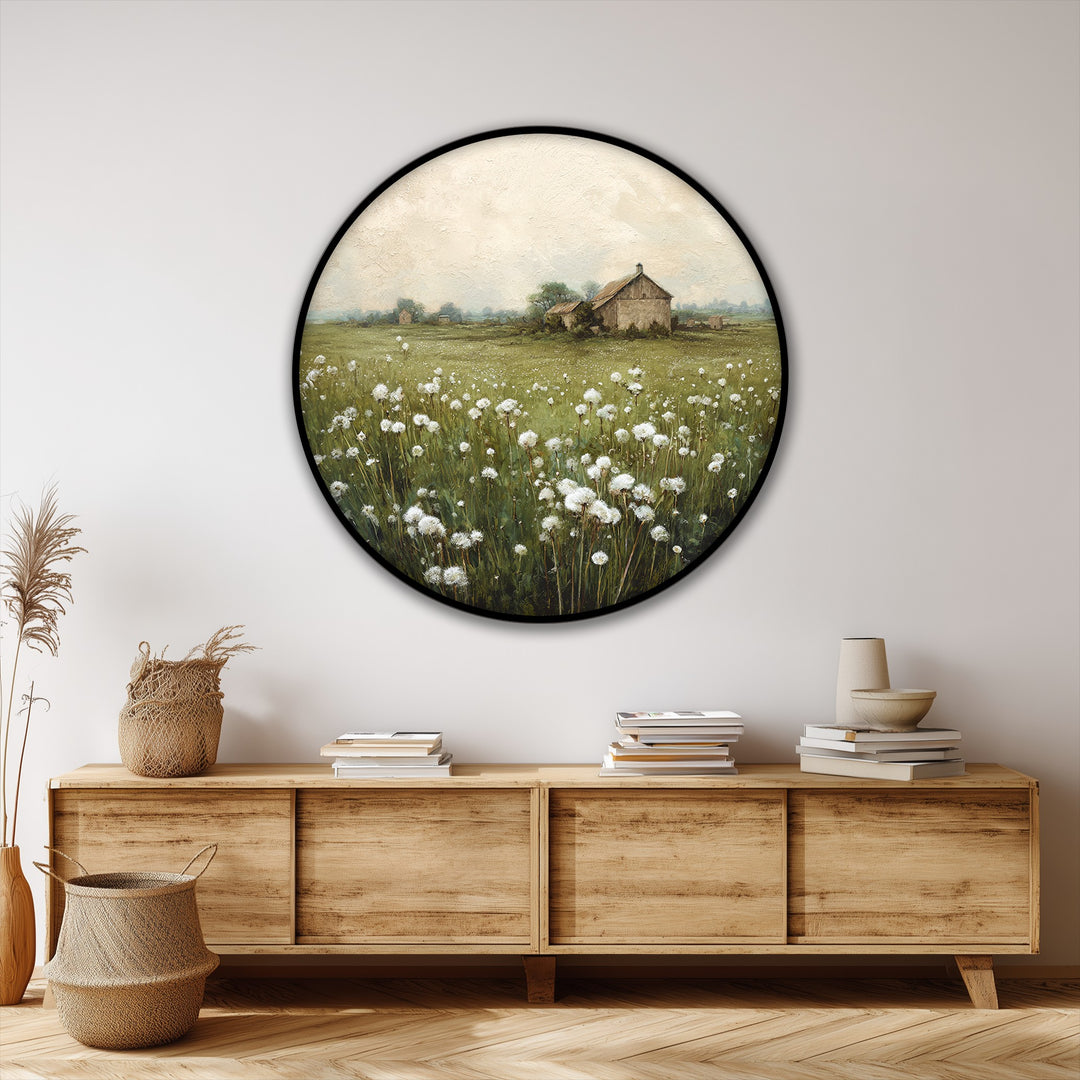 Rustic Barn Round Canvas Print – Nature Landscape Wall Art