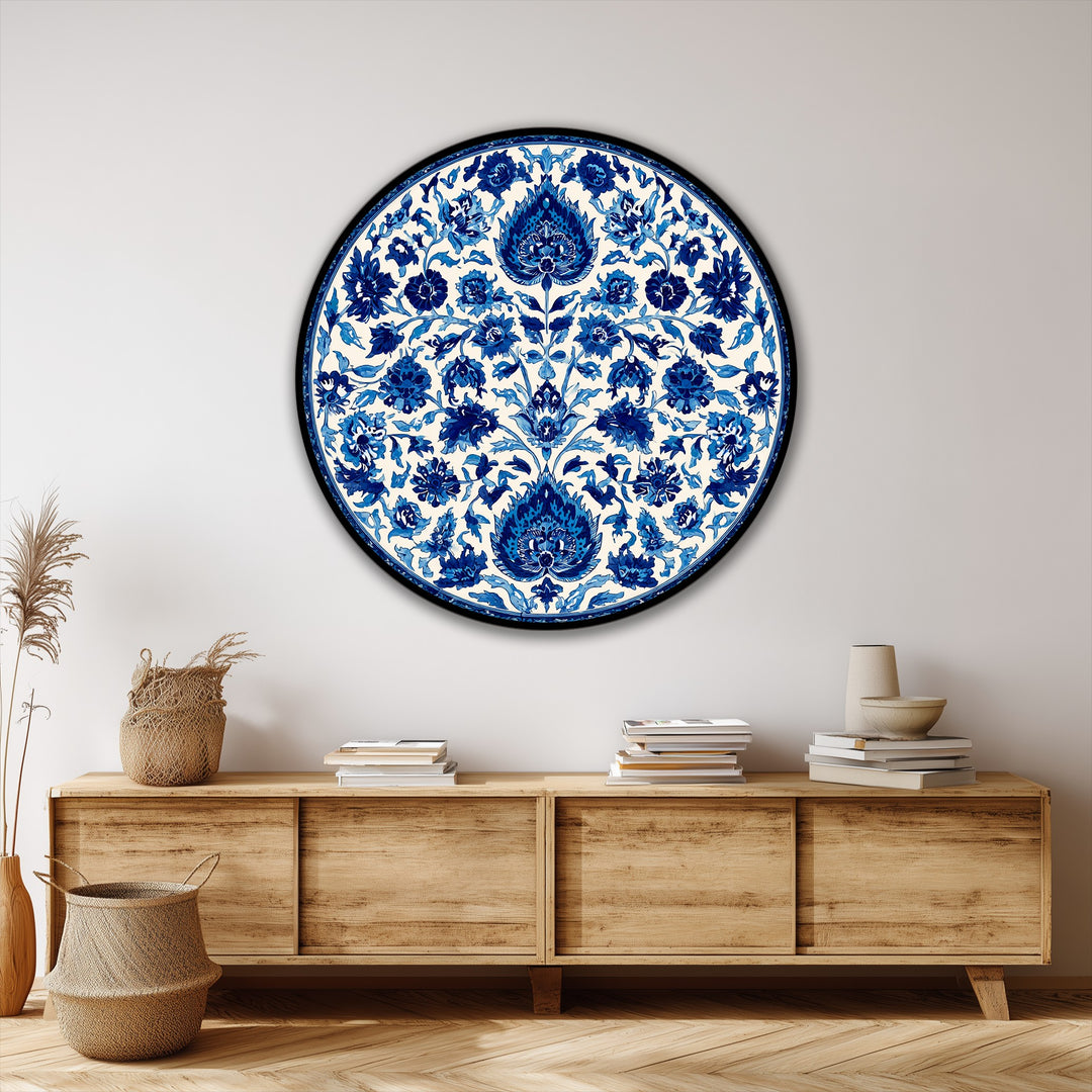 Blue Floral Mandala Round Canvas Print – Classic Decorative Wall Art