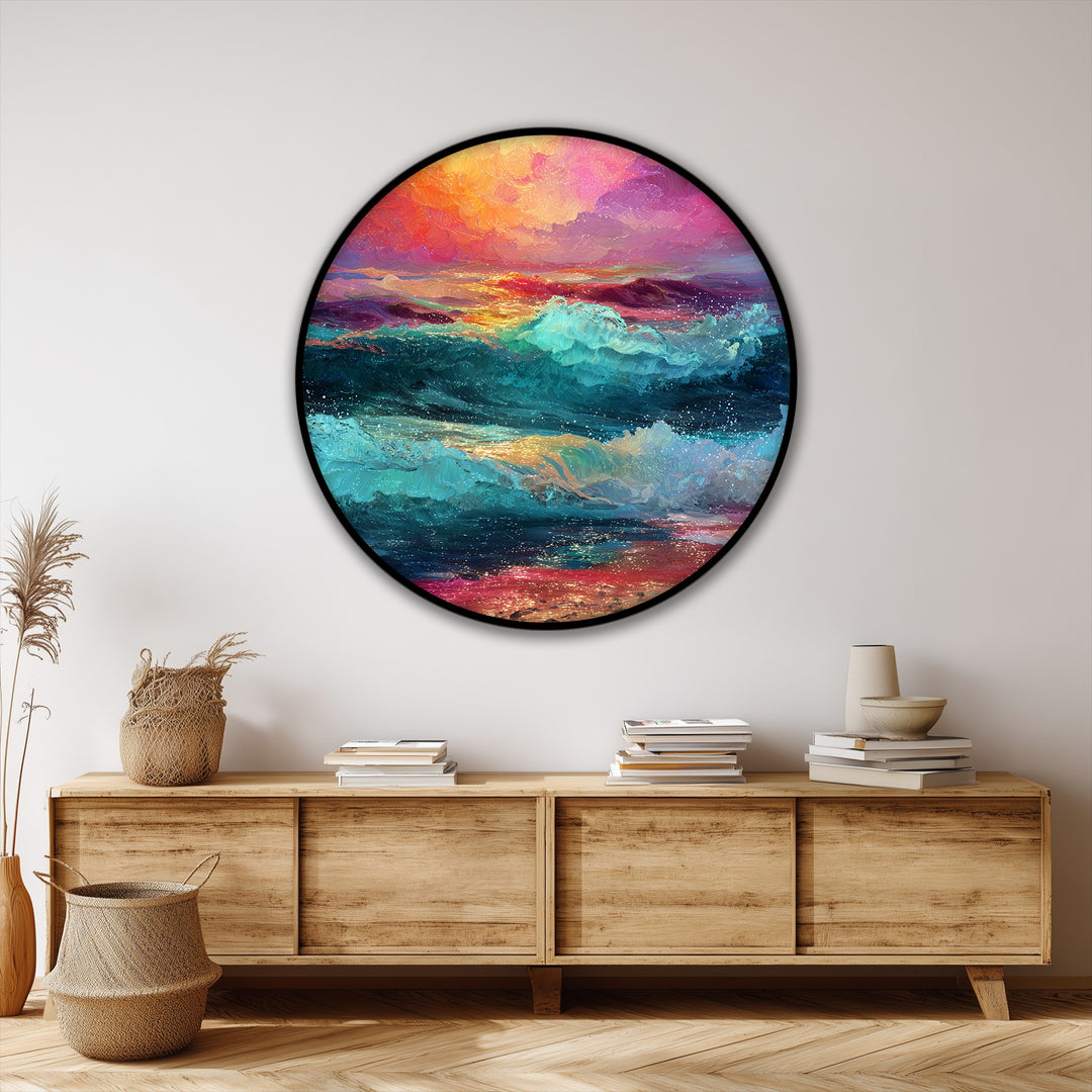 Impression sur toile ronde « Vagues au coucher du soleil éclatantes » –Décoration murale Océan coloré