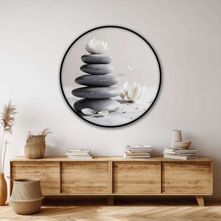 Beautifully crafted canvas wall art is seen in this zen balance stones and lotus round print, showcasing exceptional material quality for a minimalist spa aesthetic.