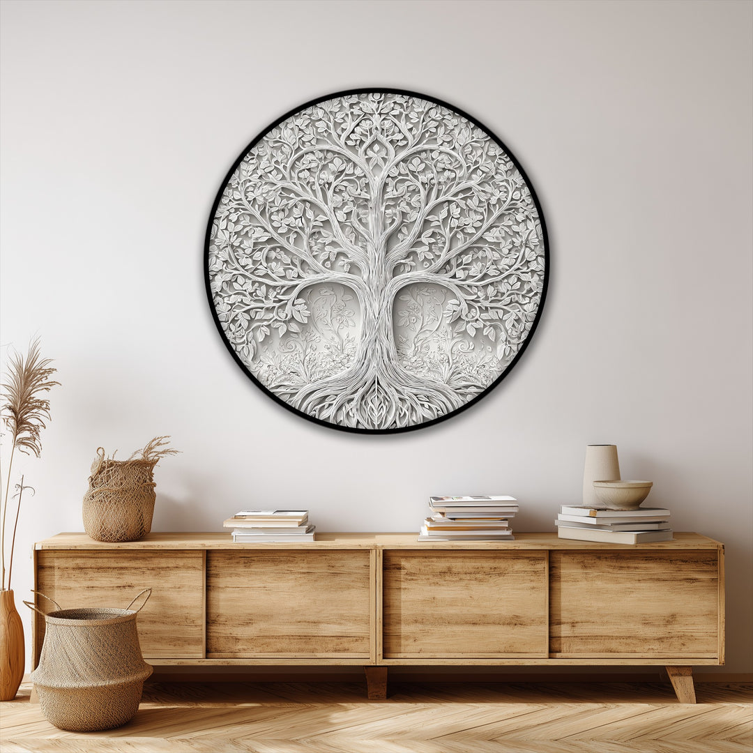 The brightest area highlights the white tree of life on this round canvas, a unique canvas print offering an elegant and botanical design.