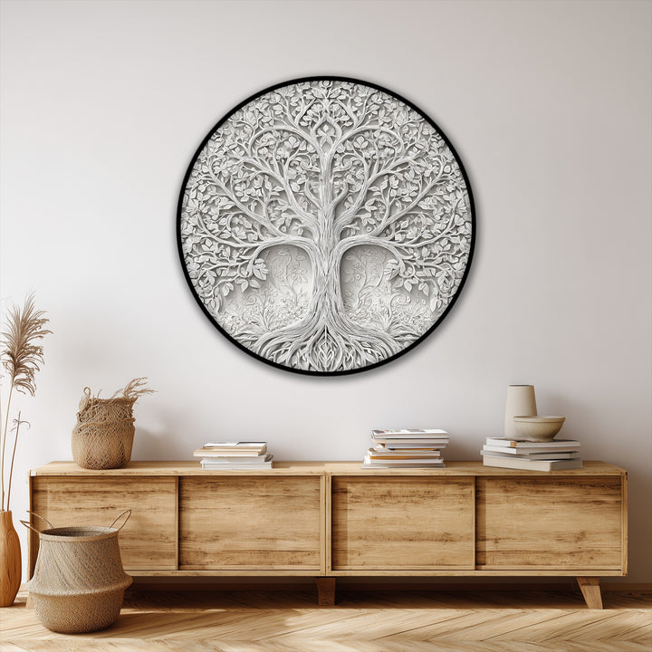 The brightest area highlights the white tree of life on this round canvas, a unique canvas print offering an elegant and botanical design.