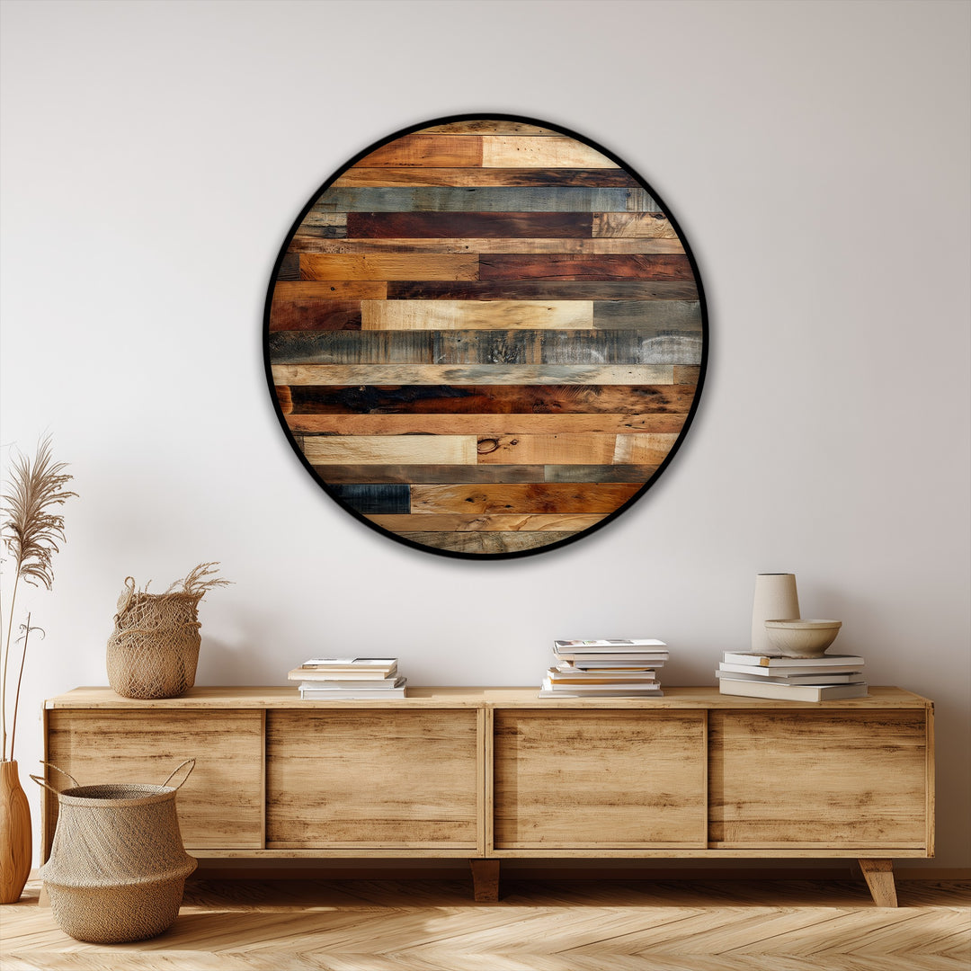 Highlighting depth and layers, the rustic wood panel texture is captured in this round canvas print, emulating big canvas prints with natural wooden wall art.