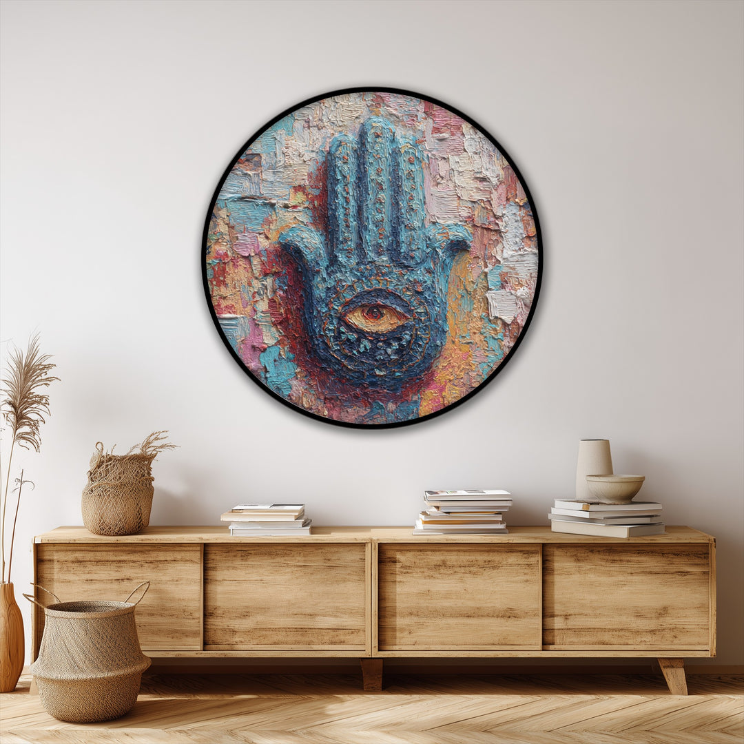 Mystic Hand of Protection Round Canvas Print – Colorful Spiritual Eye Wall Art