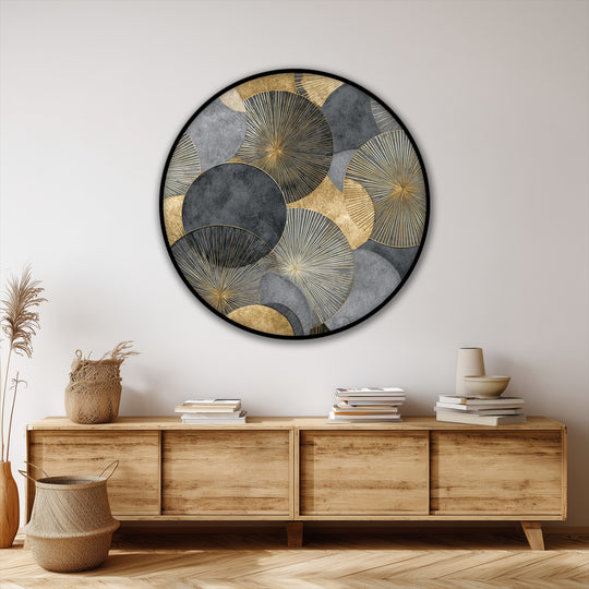 Warm tones of gold contrast with cool grays in this geometric circle design, creating a sophisticated premium canvas decor piece for modern luxury wall art.
