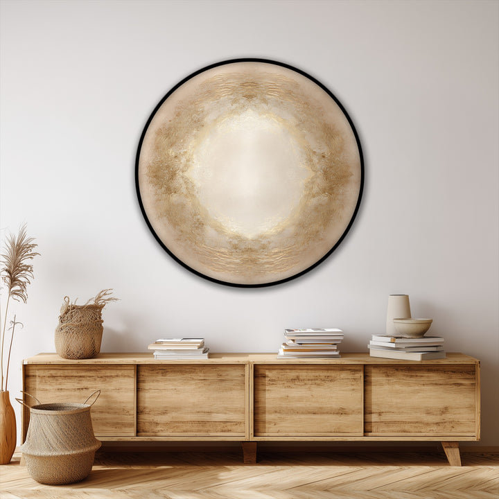 The circular canvas art prints showcase a central void surrounded by auric geometric patterns, creating an elegant, minimal round focal point.
