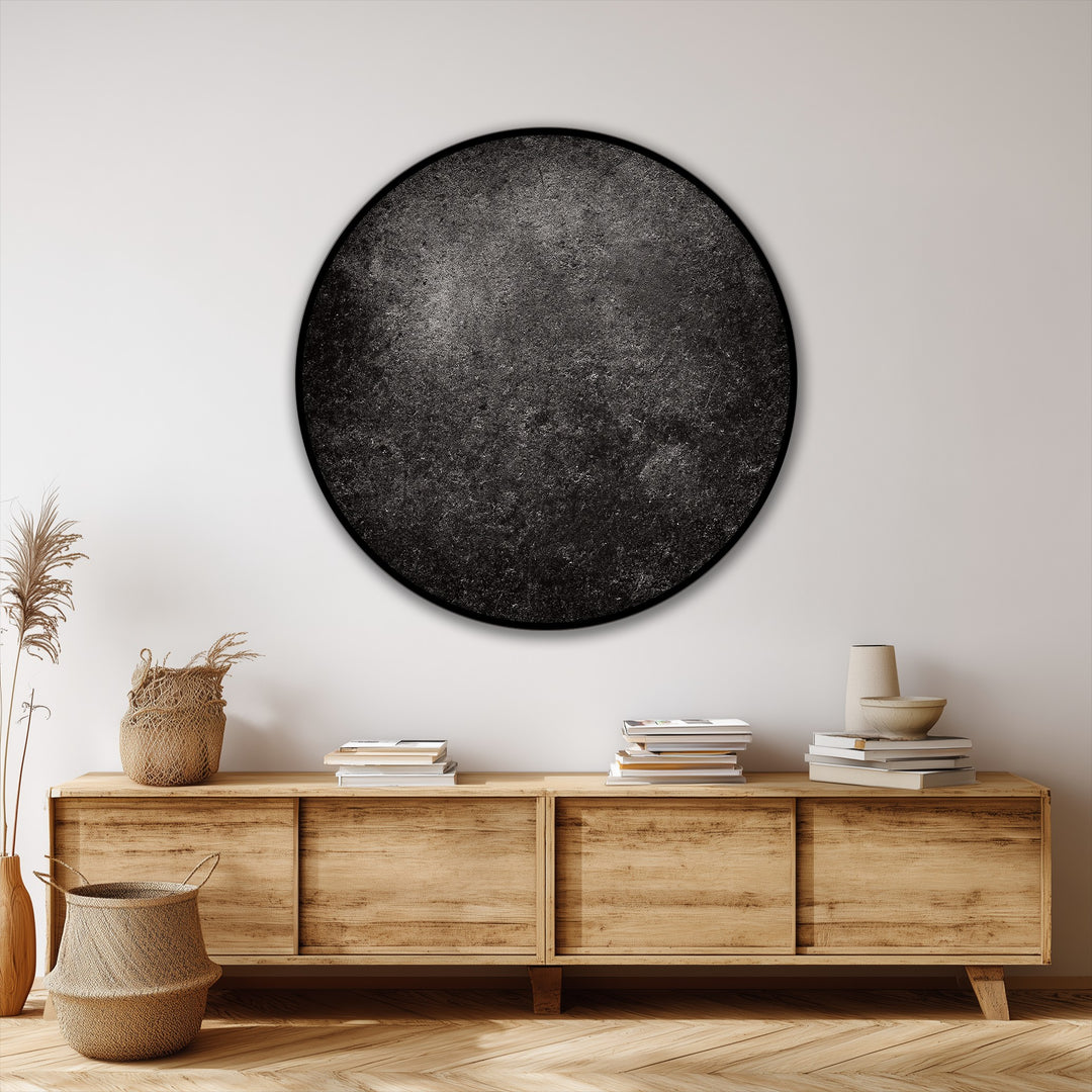Outlining the edge and borders, this dark textured, minimal round canvas print is a stylish piece for modern spaces, providing striking canvas pictures.