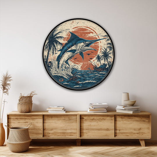 Repeating elements of palm trees, waves, and birds create a visual rhythm across this vintage marlin ocean scene round canvas print, offering a unique canvas print that enhances coastal decor.