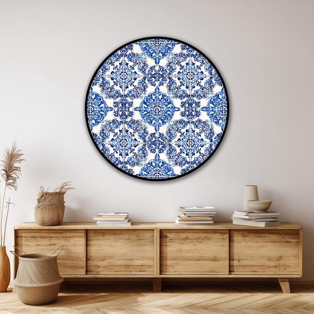 Impression sur toile ronde à motif de carreaux ornementaux bleus–Décoration murale style céramique classique