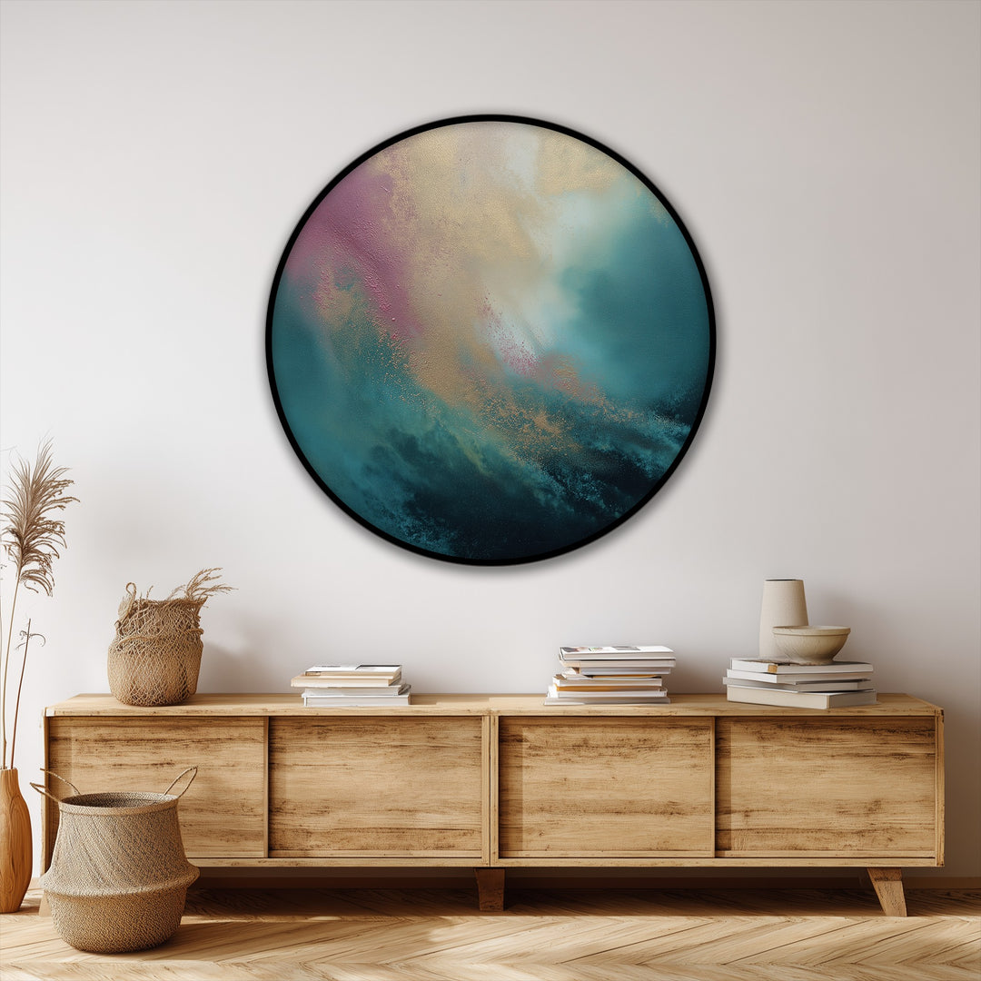 Taking the focal point, a round canvas print featuring an ethereal dreamscape in teal, gold, and blush tones elevates the room with unique canvas wall decor.