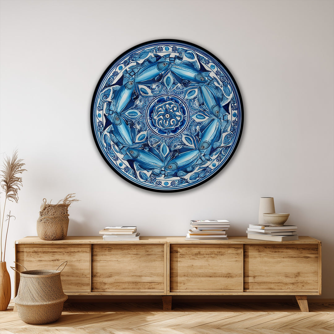 Blue Fish Mandala Round Canvas Print – Coastal Decorative Wall Art