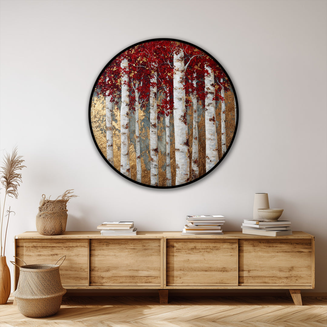 Captivating canvas wall art featuring a golden birch forest round canvas print with vibrant red leaves serves as the focal point.
