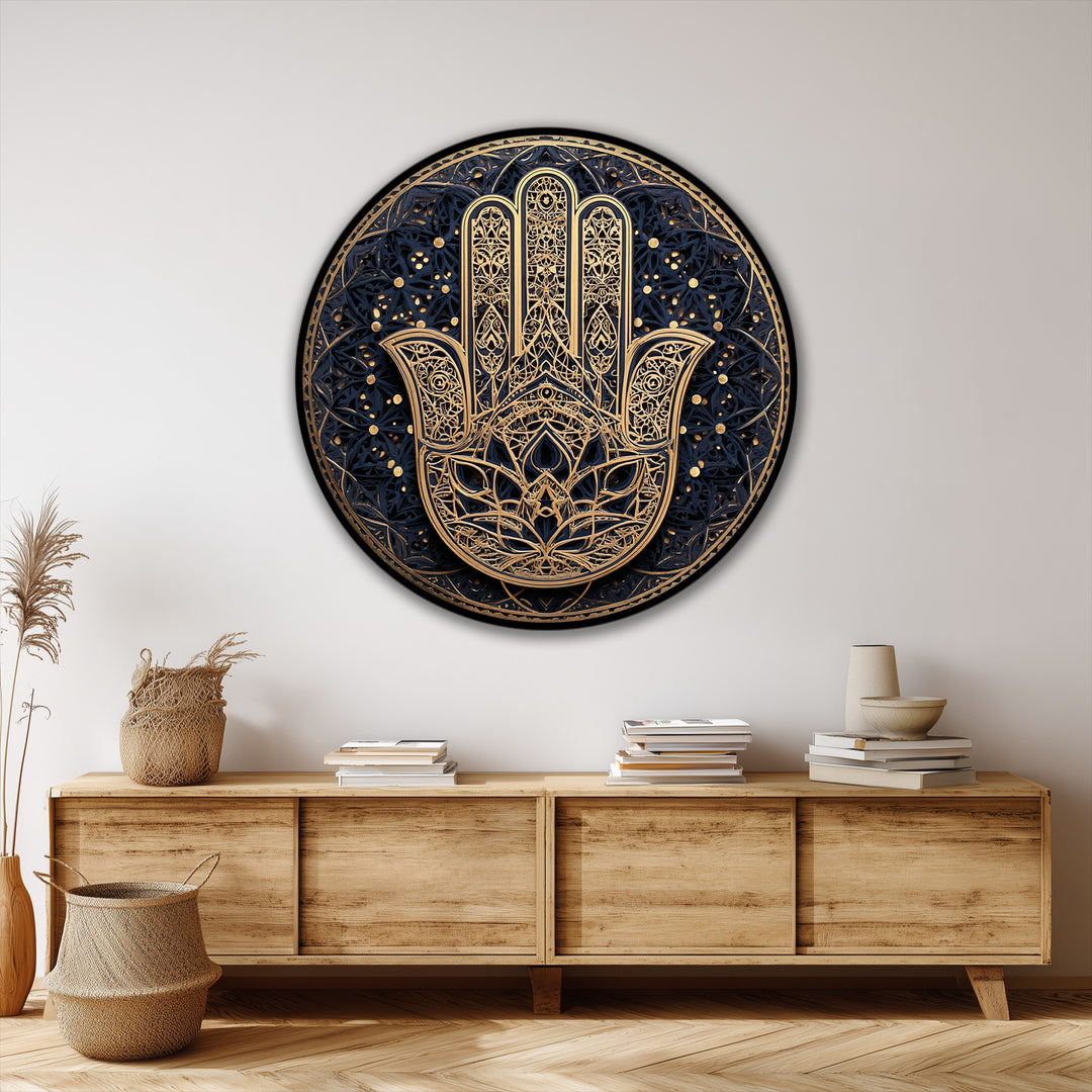 Warm color temperature highlights the golden details on this ornate Hamsa hand with mandala design big canvas prints, contrasting beautifully with the cool-toned background.