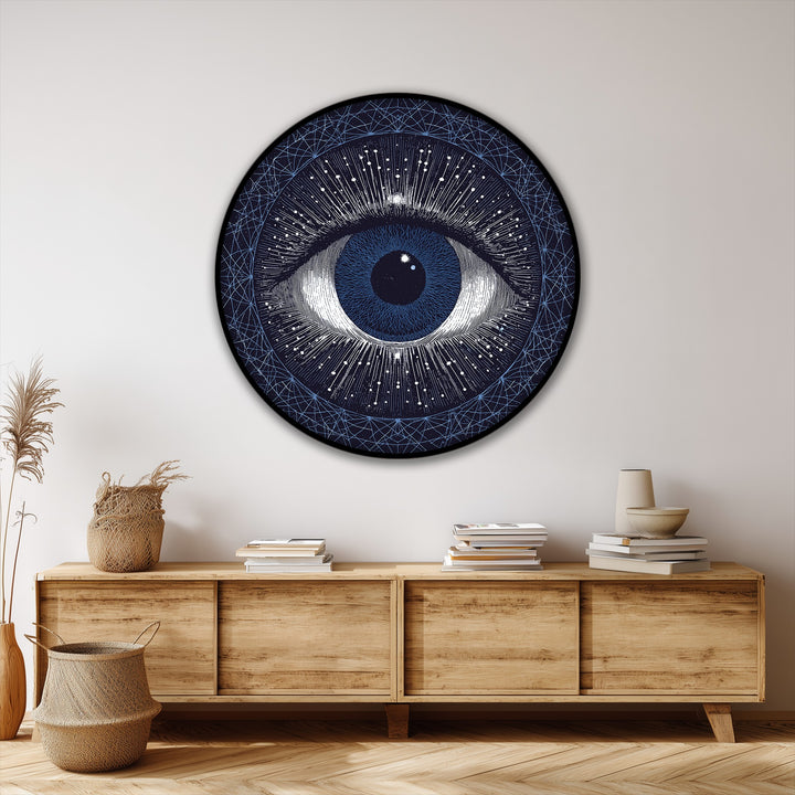Horizontal round canvas painting showcases a celestial abstract eye, adding a cosmic touch to your wall art home decoration.