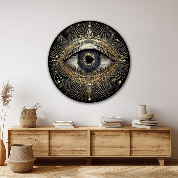 Crafted from high-quality materials, this framed canvas shows a golden mystic eye round canvas print that will add beauty and a vintage touch to your decor.