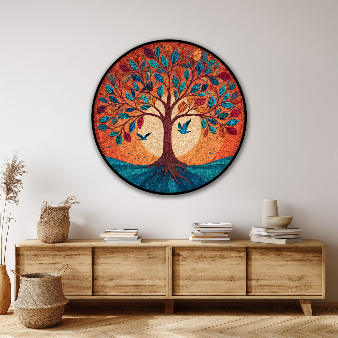 Vibrant Tree of Life Round Canvas Print – Colorful Nature Art