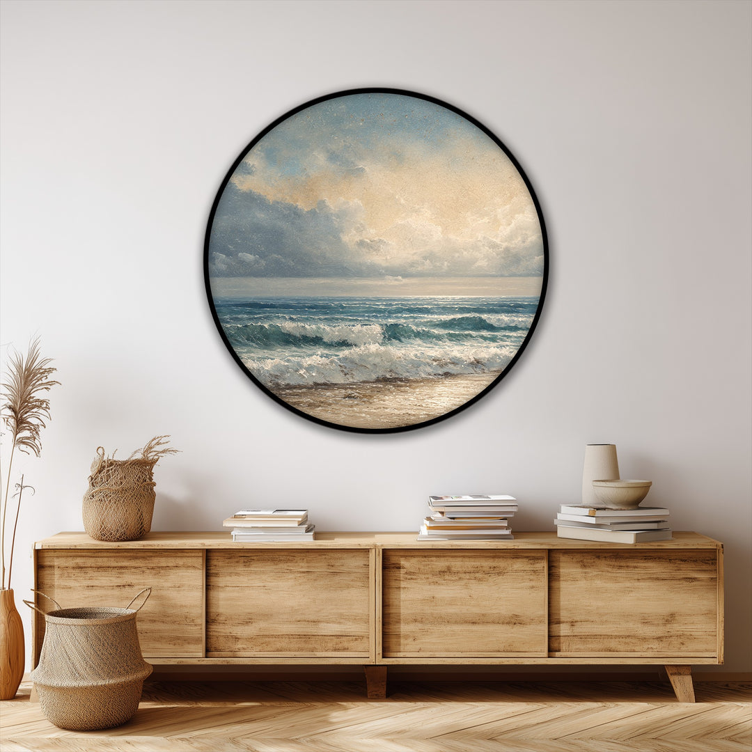 Framed by a sleek, dark border, this coastal waves canvas print emphasizes the edge of big canvas prints and brings a classic seascape to your decor.