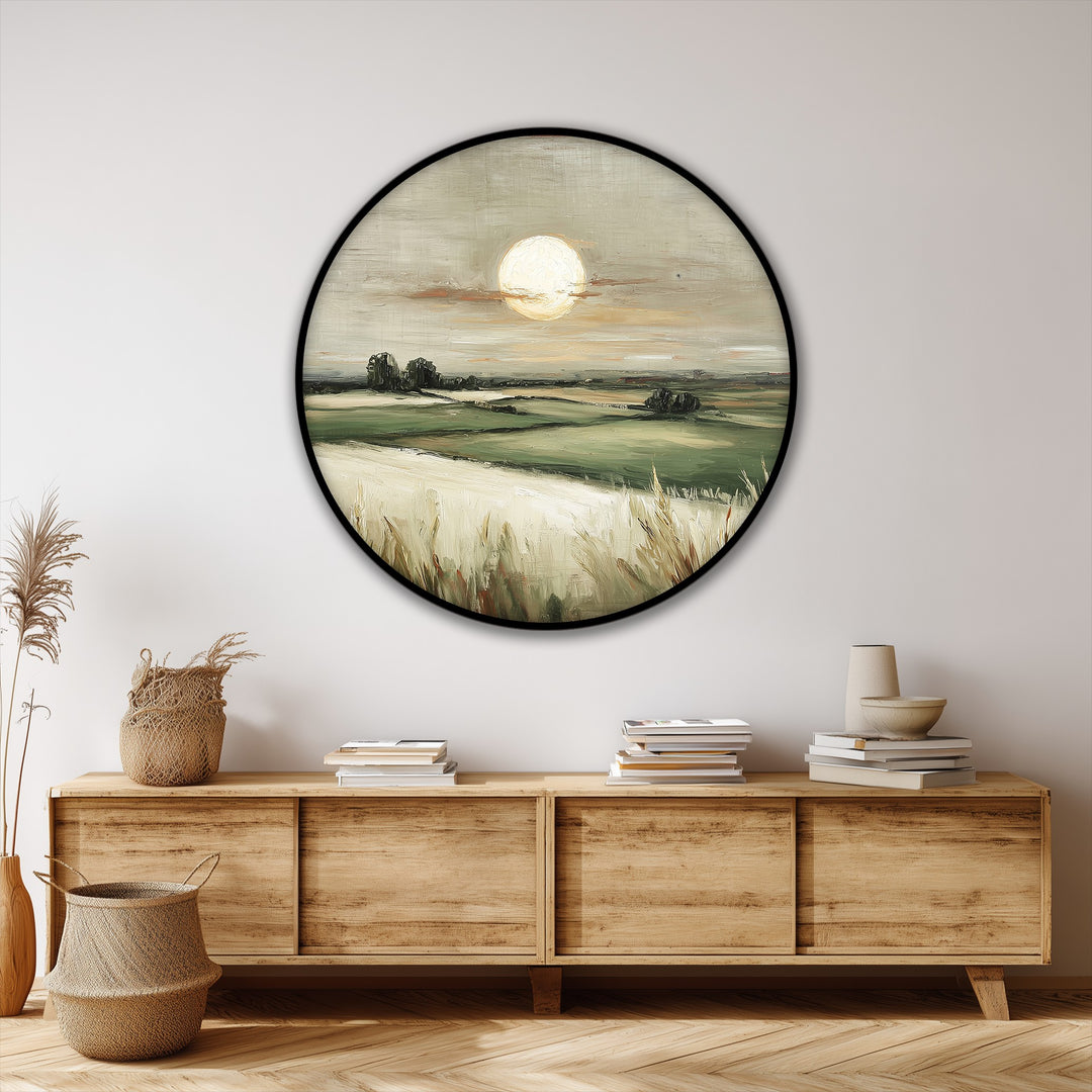 Against the backdrop, the golden horizon countryside landscape round canvas print presents a unique canvas print, depicting serene field wall art and a glowing sun.