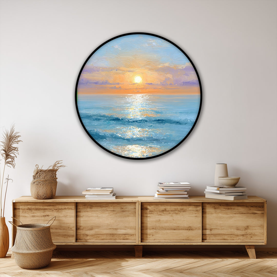 Impression sur toile ronde Lever de soleil doré sur l'océan–Décoration murale côtière sereine