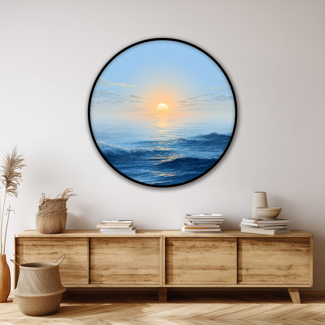 Minimalist Ocean Sunrise Round Canvas Print – Calm Blue Seascape Wall Art
