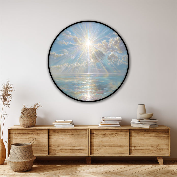 Against the white wall, a radiant burst of light from the sun dominates as beautiful canvas artwork, showcasing the celestial scene on this ocean wall art.