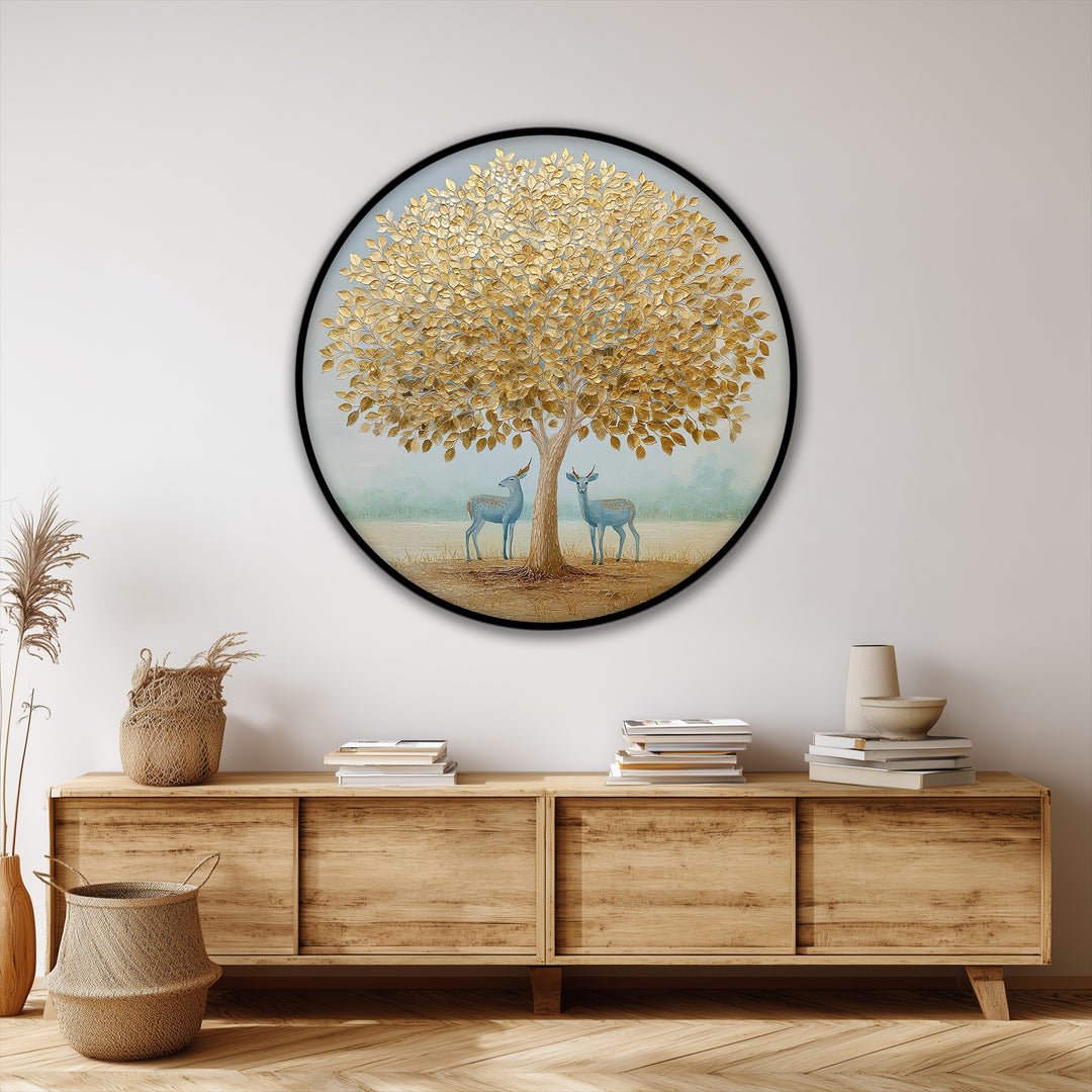 Golden Tree with Deer Round Canvas Print – Elegant Nature Wildlife Wall Art