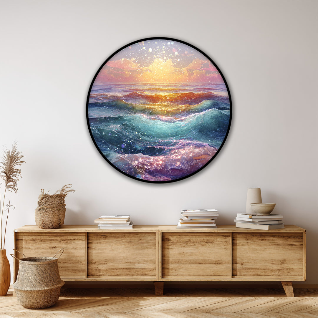 Radiant canvas wall decor shows a smooth finish on this round canvas print of golden dream waves and the sunlit ocean sunset.