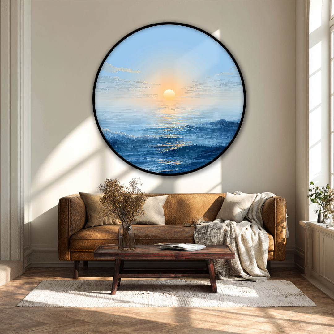Minimalist Ocean Sunrise Round Canvas Print – Calm Blue Seascape Wall Art
