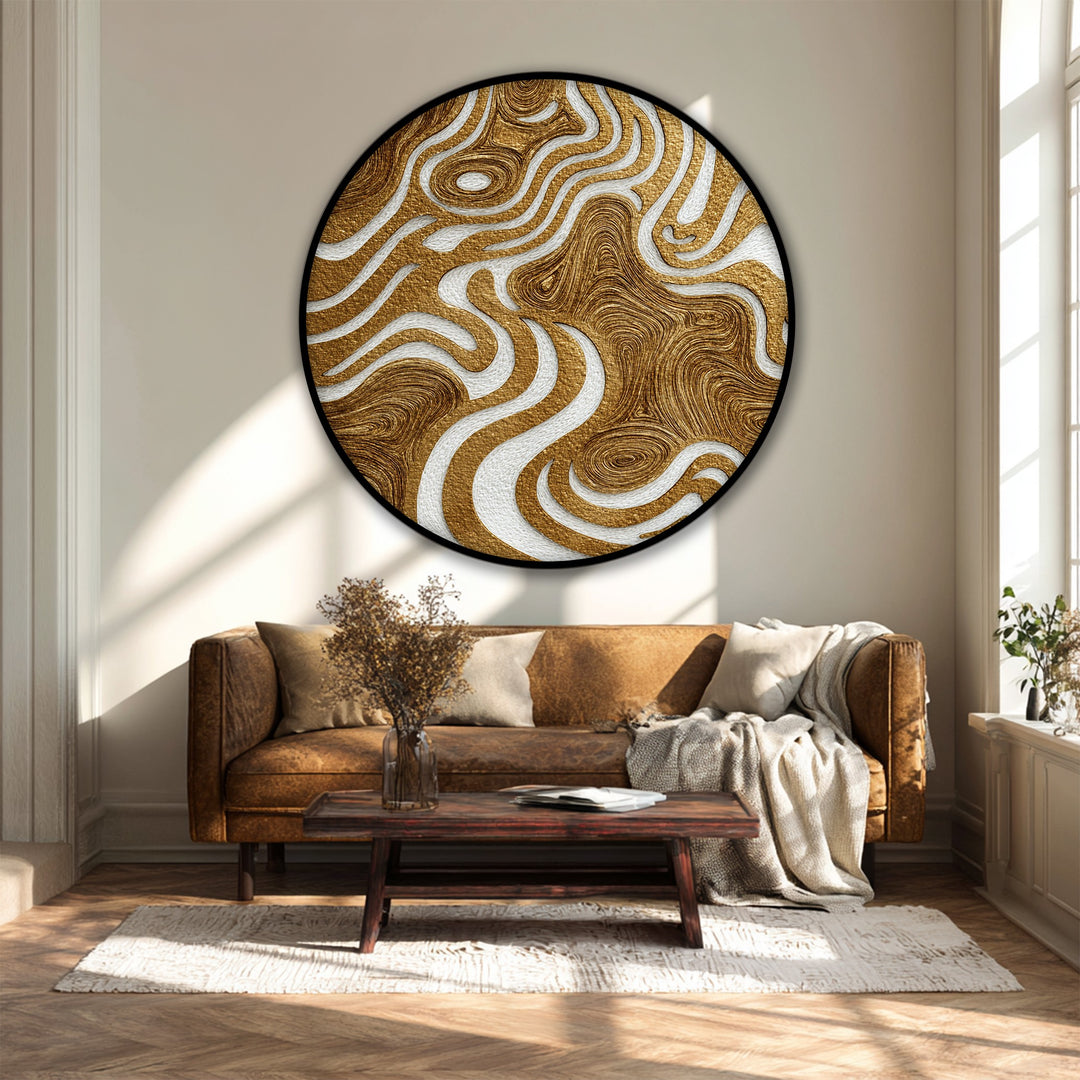 Striking color saturation enhances the texture of golden organic flow round canvas pictures, highlighting the depth of this abstract wall art.